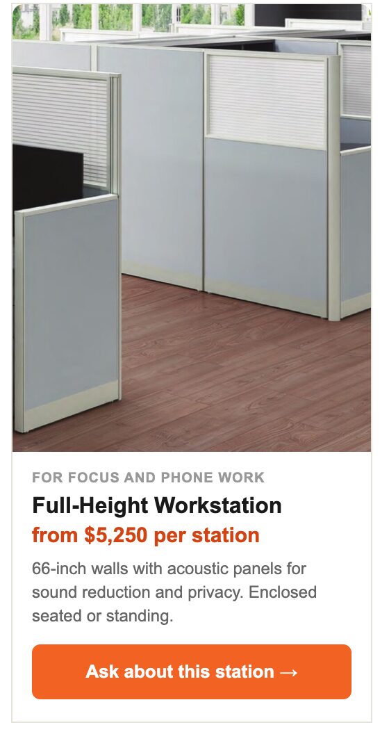 A Full-Height Workstation card in the August newsletter with an Ask about this station button