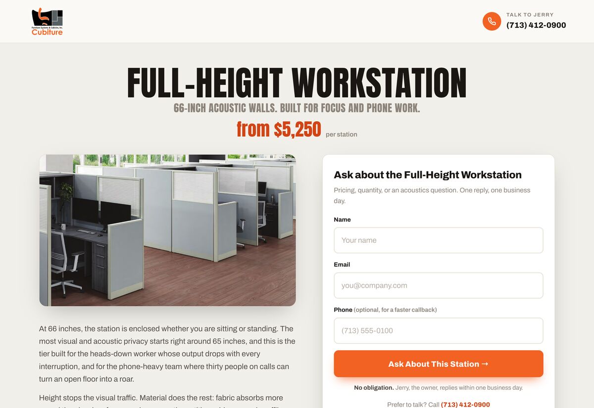 The Full-Height Workstation landing page, with the photo, price, and a request form