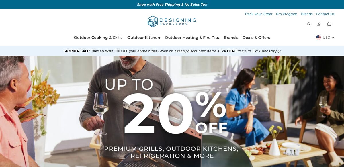 Designing Backyards home page: friends gathered around a grill on a patio