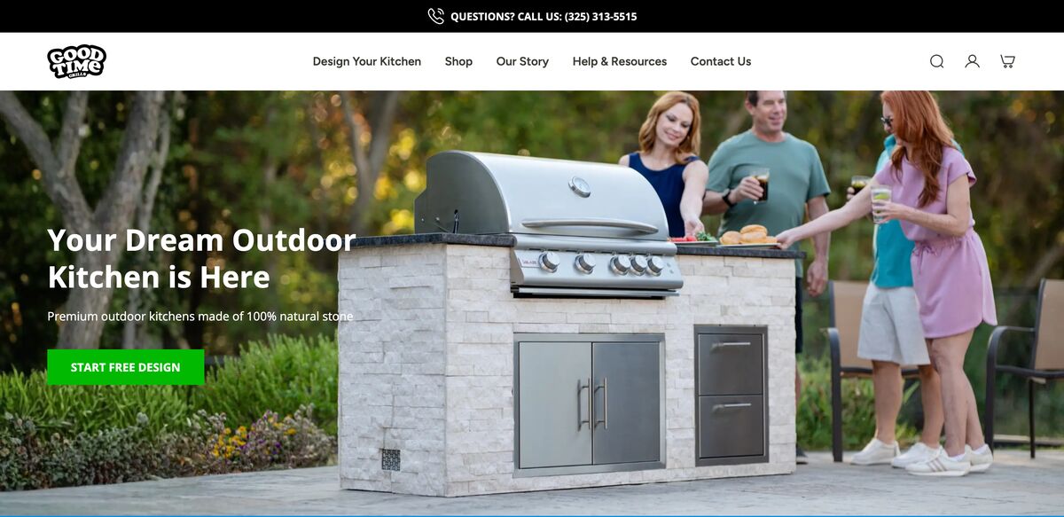 Good Time Grills home page: a stone outdoor kitchen island with a built-in grill