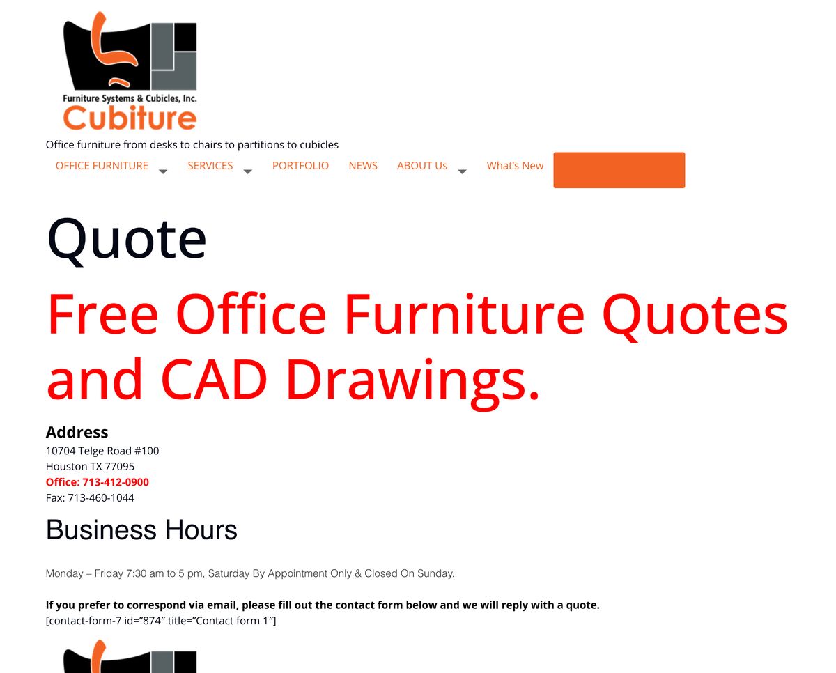 The cubiture.com quote page, where a line of code appears in place of the contact form