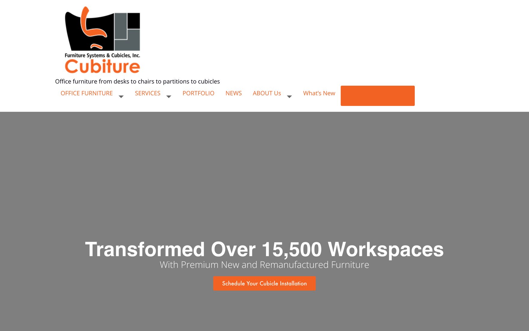 The cubiture.com home page as it loads today: a large grey hero and an orange header button with no label
